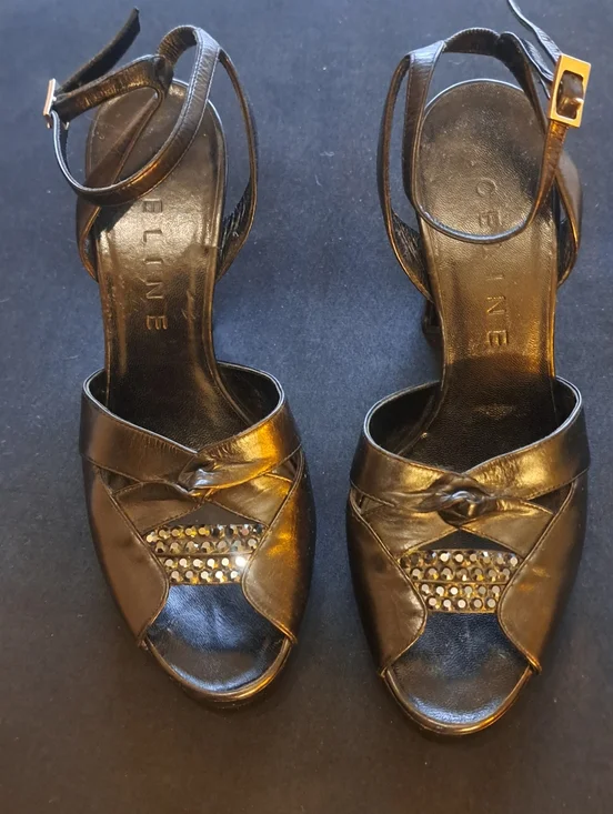 Celine Black Leather Open-Toe Ankle-Strap Heels with Stud Detail - Picture 1 of 7